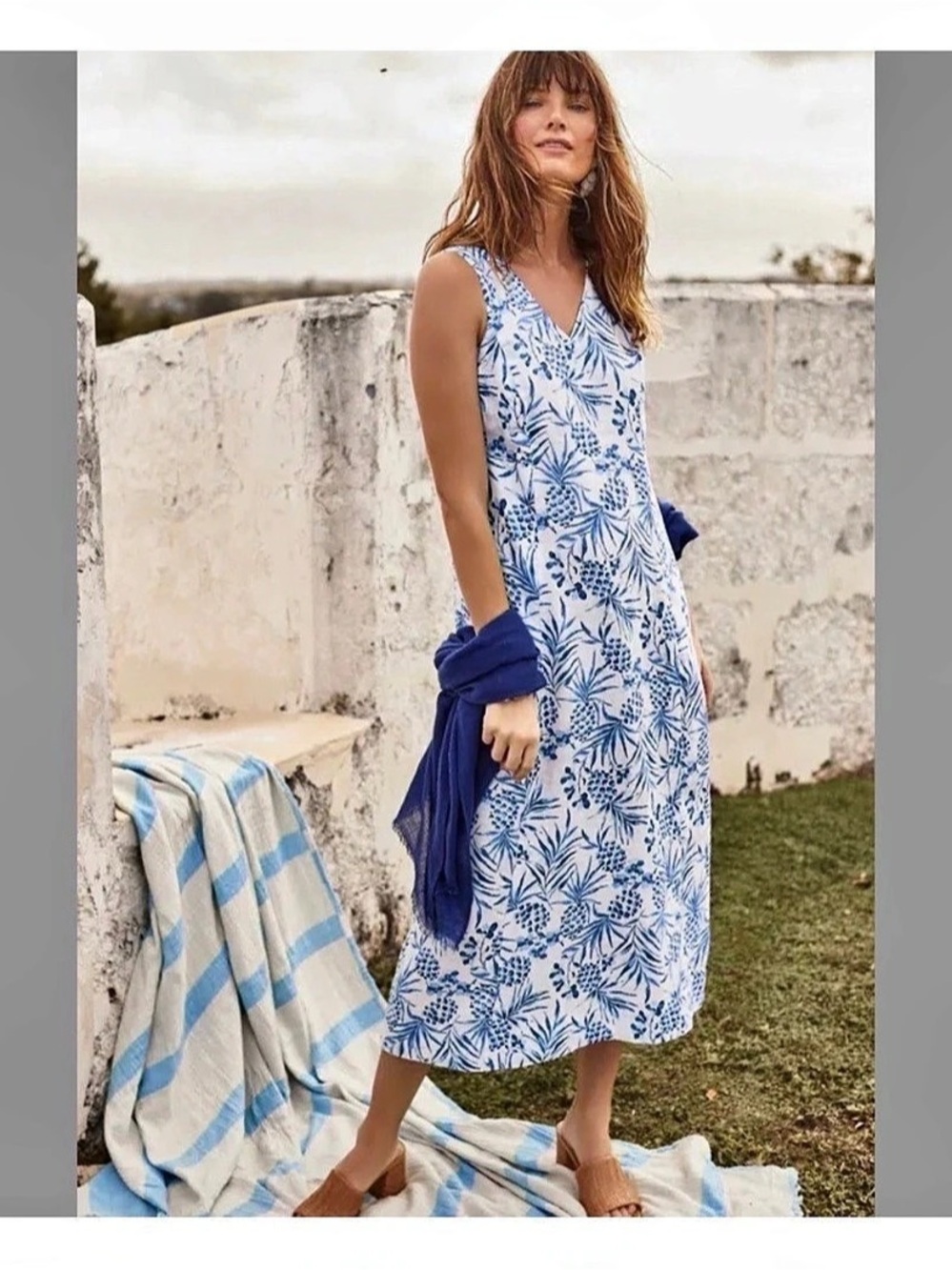 J. Jill Love Linen Floral Midi Dress pineapple print White & Blue Size XL